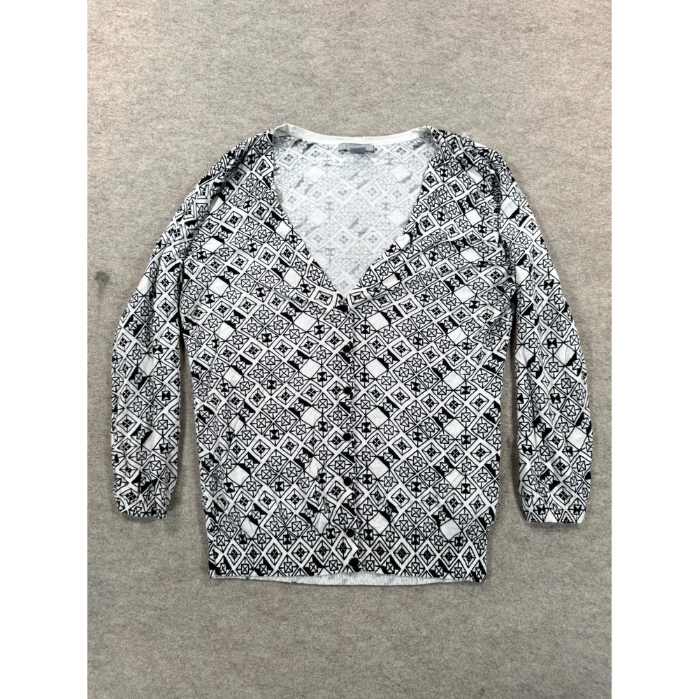 H&M Cardigan Sweater Womens Medium Black White Geometric V Neck Button Front